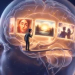 Ilustração conceitual de uma cabeça transparente com um curador interno selecionando memórias em uma galeria neural, representando o processo de memória seletiva do cérebro humano