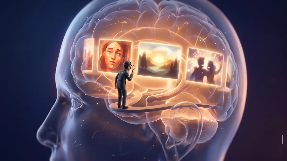 Ilustração conceitual de uma cabeça transparente com um curador interno selecionando memórias em uma galeria neural, representando o processo de memória seletiva do cérebro humano