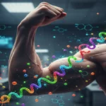 A Engenharia das Proteínas Gráfico de aminoácidos formando uma proteína em um músculo forte.