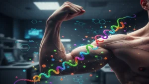 A Engenharia das Proteínas Gráfico de aminoácidos formando uma proteína em um músculo forte.