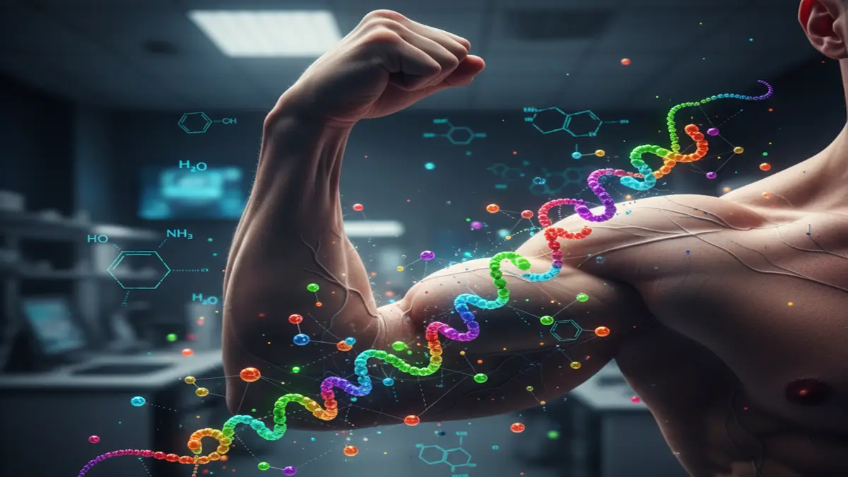 A Engenharia das Proteínas Gráfico de aminoácidos formando uma proteína em um músculo forte.