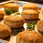 Bolinhos de frango e cenoura assados em uma assadeira, com um toque de cheiro-verde.