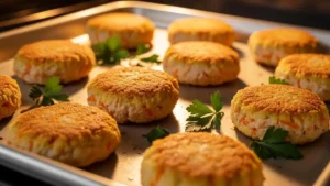 Bolinhos de frango e cenoura assados em uma assadeira, com um toque de cheiro-verde.