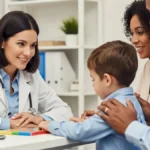 Desvendando o Autismo - Criança com suspeita de TEA em consulta com neuropediatra, acompanhada pelos pais em um ambiente acolhedor.