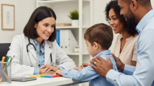 Desvendando o Autismo - Criança com suspeita de TEA em consulta com neuropediatra, acompanhada pelos pais em um ambiente acolhedor.