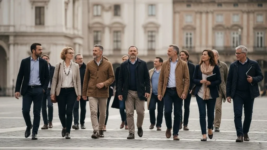 Grupo diverso de adultos caminhando em espaço urbano europeu, representando o impacto coletivo das doenças digestivas na saúde pública