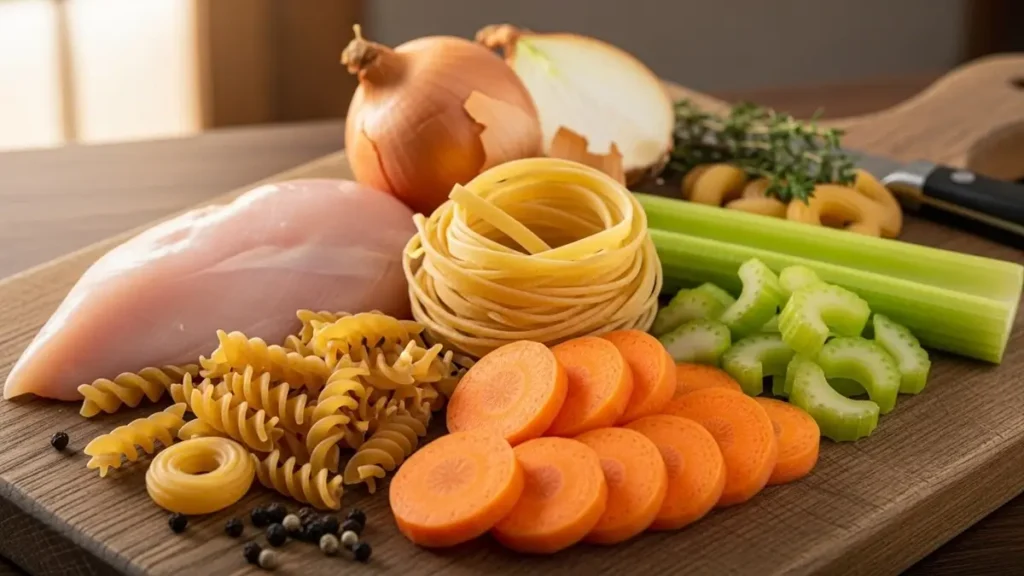 Ingredientes crus para a sopa: frango, macarrão, cenoura, aipo e cebola.