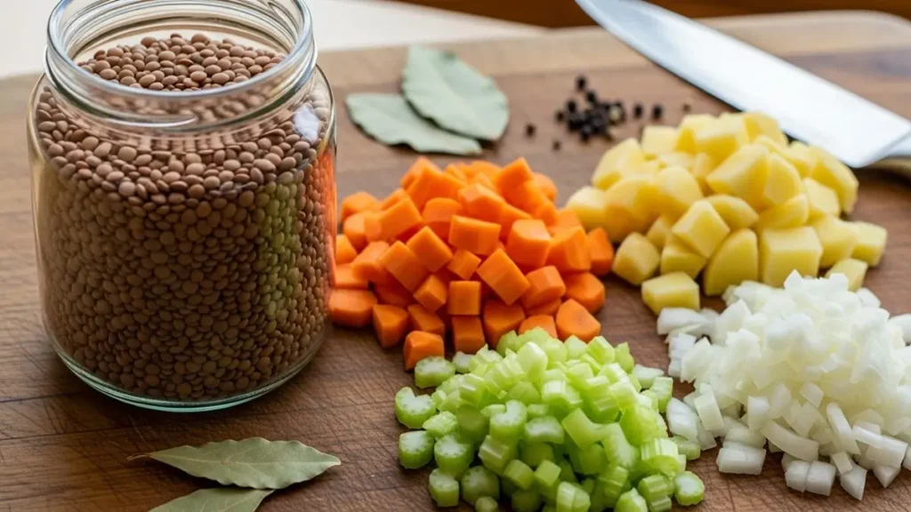Sopa de Lentilha com Legumes - Lentilhas secas em um pote de vidro e legumes picados em uma tábua.