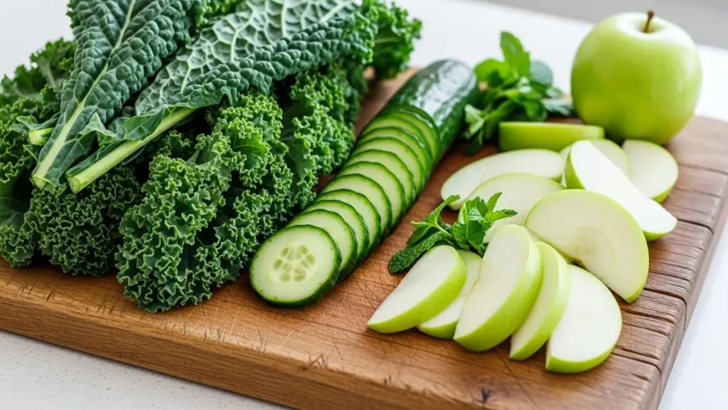 Ingredientes de suco verde, como couve, pepino e maçã, em uma tábua.