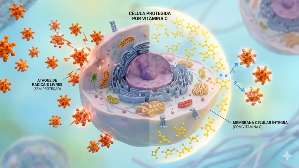 Visualização microscópica de uma célula animal saudável com uma barreira protetora de vitamina C bloqueando o ataque de radicais livres à membrana e ao núcleo.