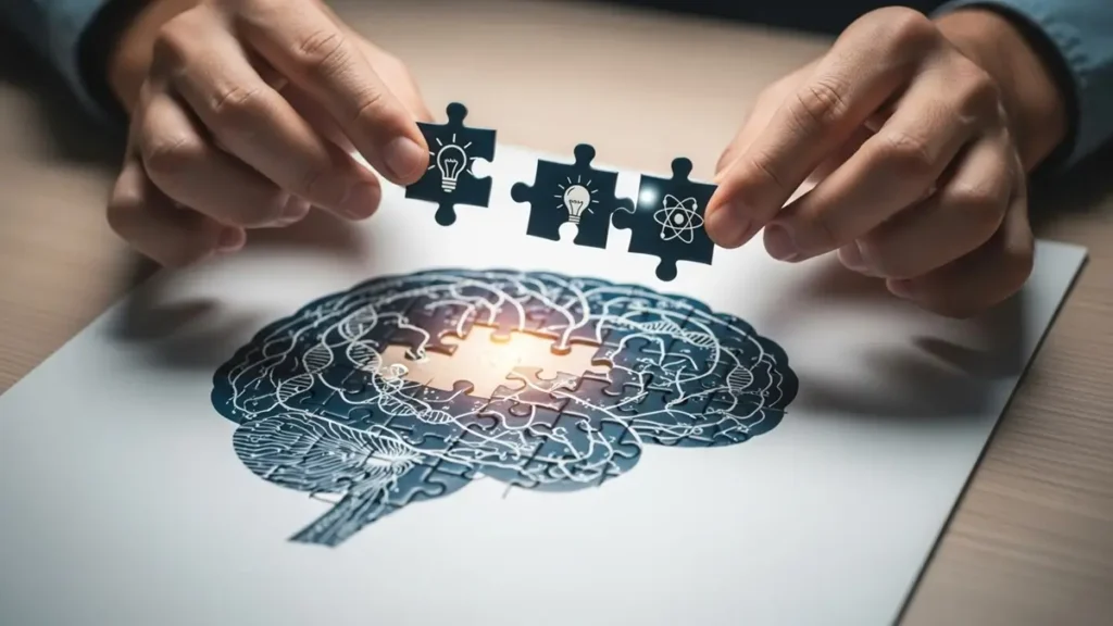 Mãos montando um quebra-cabeça em formato de cérebro humano, simbolizando a pesquisa científica em busca de respostas para compreender o Transtorno do Espectro Autista.