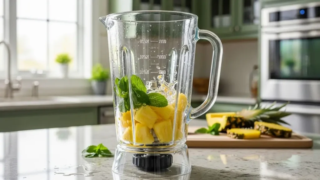 Liquidificador com pedaços de abacaxi e hortelã prontos para bater