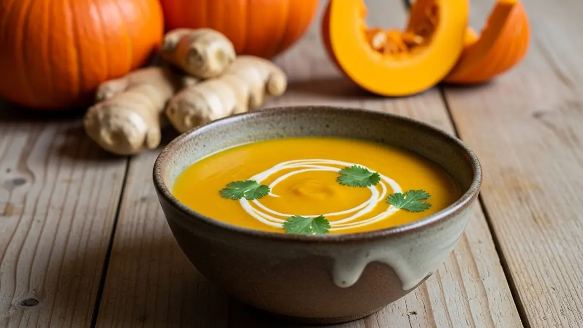 Tigela de sopa de abóbora com gengibre cremosa, guarnecida, em um ambiente rústico.