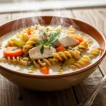 Tigela de sopa de frango com macarrão integral e vegetais em uma mesa de madeira.