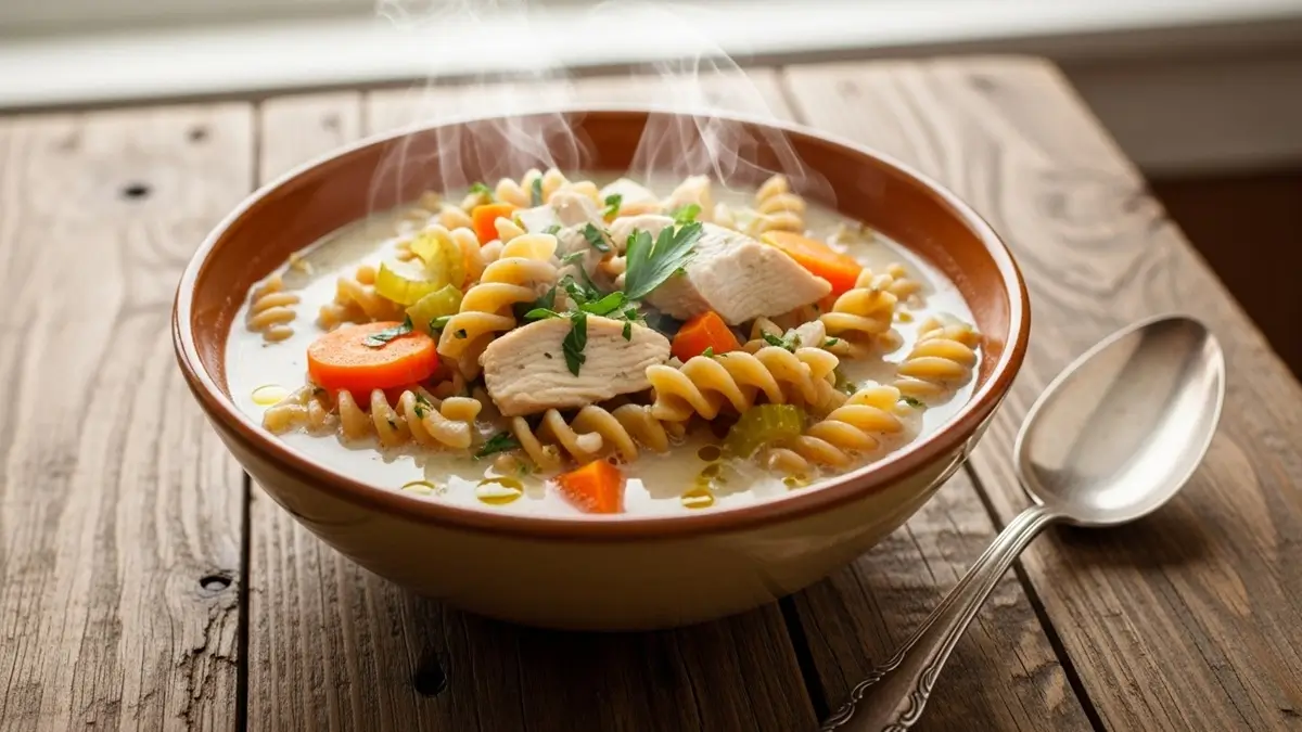 Tigela de sopa de frango com macarrão integral e vegetais em uma mesa de madeira.