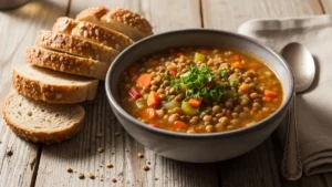 Sopa de Lentilha com Legumes - Tigela de sopa de lentilha com legumes fumegante e pão integral.