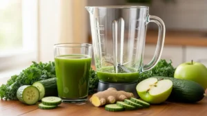 Copo de suco verde detox com pepino, gengibre, couve e maçã ao lado.