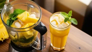 Copo de suco de abacaxi com hortelã e gelo em fundo claro