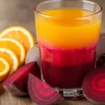 Copo de suco de beterraba com laranja com frutas frescas ao redor.