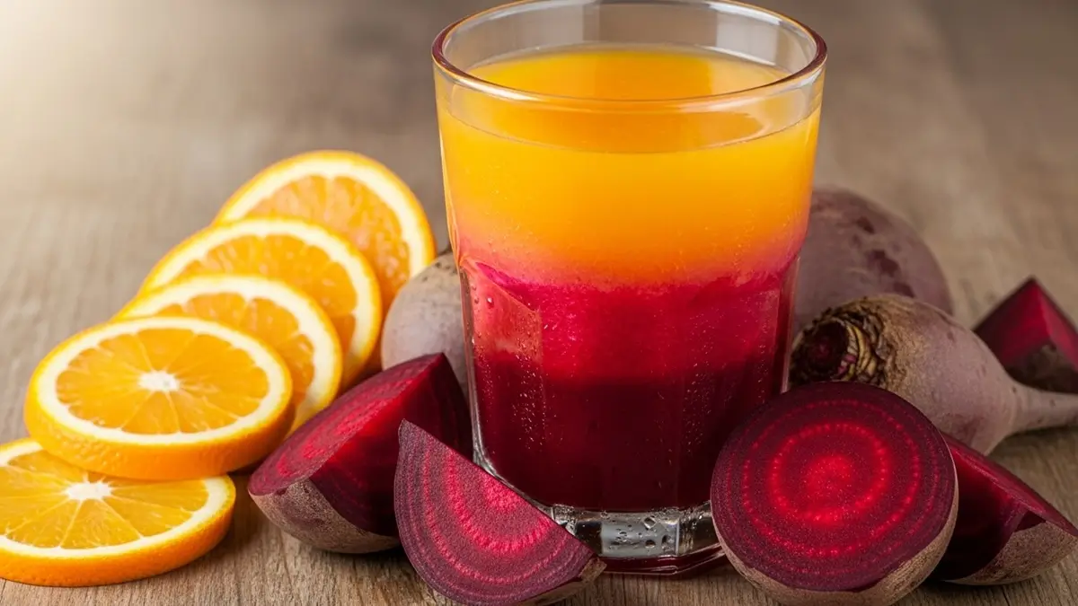 Copo de suco de beterraba com laranja com frutas frescas ao redor.