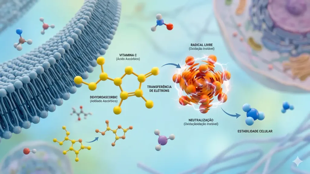 Ilustração 3D mostrando a molécula de vitamina C transferindo elétrons para neutralizar um radical livre de oxigênio instável.