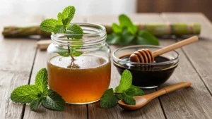 Xarope de Hortelã com Melado - Pote de vidro com xarope dourado de hortelã e melado, folhas de hortelã fresca e uma colher de madeira em uma mesa rústica.
