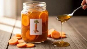 xarope de cenoura e mel em uma jarra de vidro.