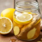 xarope de gengibre e limão no pote de vidro sobre uma mesa de madeira.