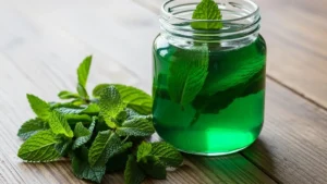 xarope de hortelã em uma jarra de vidro com folhas frescas de hortelã ao lado.