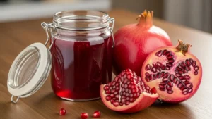 xarope de romã em uma jarra com romãs cortadas e sementes ao lado.