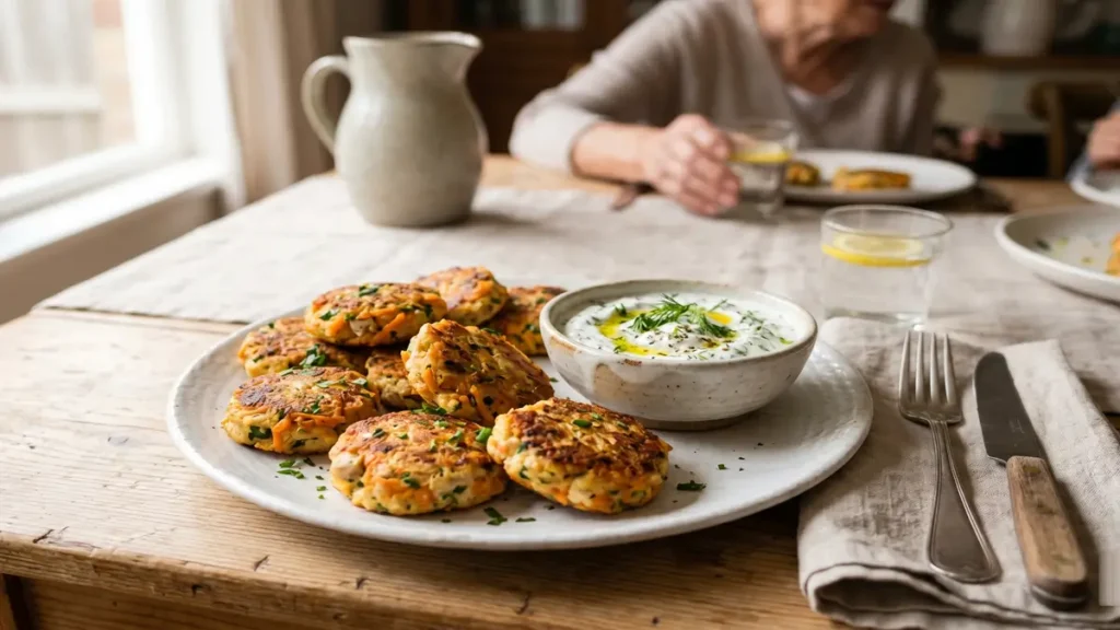 bolinhos de frango e cenoura servidos com molho de iogurte em prato branco