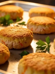 Bolinhos de frango e cenoura assados em uma assadeira, com um toque de cheiro-verde.