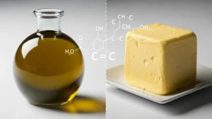 Gorduras Boas vs Ruins - Comparativo visual de azeite líquido e manteiga sólida, representando a estrutura química.