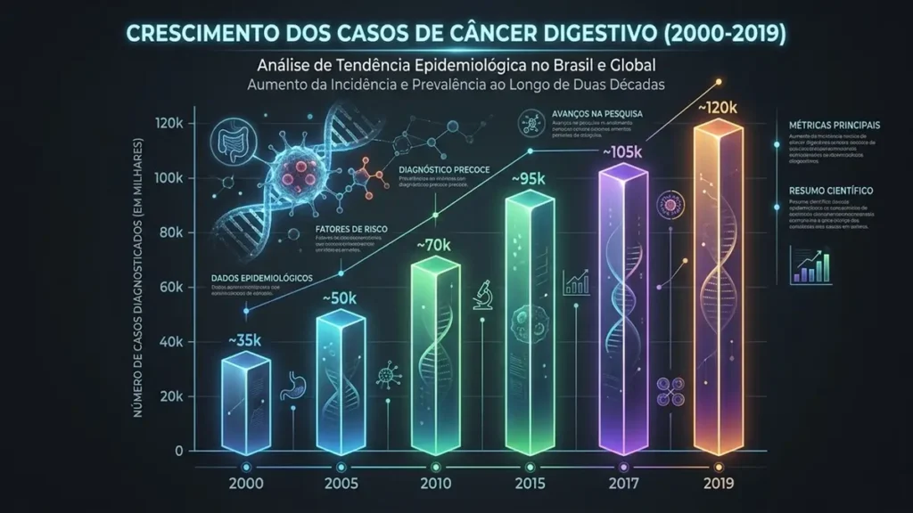 Doenças Digestivas: o Que o White Book 2 da UEG Revela Sobre Saúde e Custos 3 Gráfico de crescimento de cânceres digestivos na Europa entre 2000 e 2019