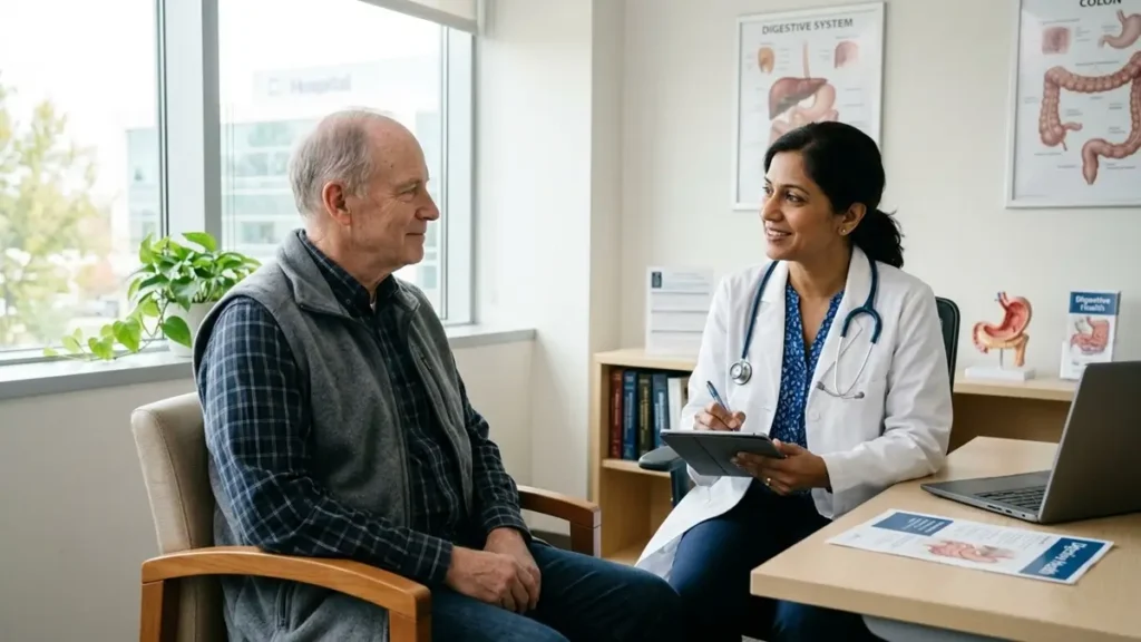 Doenças Digestivas: o Que o White Book 2 da UEG Revela Sobre Saúde e Custos 5 Idoso em consulta com gastroenterologista para prevenção de doenças digestivas