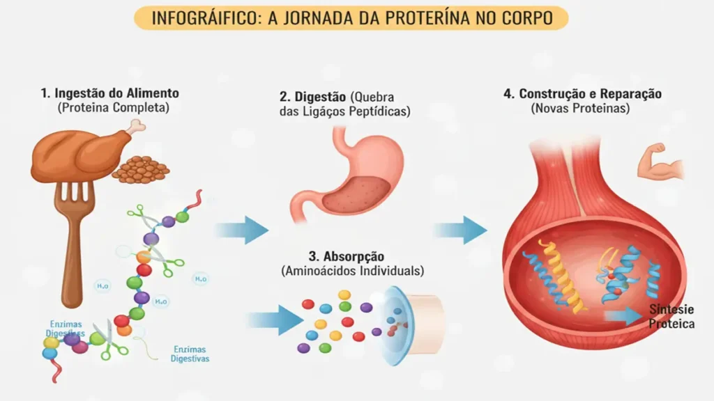 Infográfico: jornada da proteína da digestão à síntese muscular.