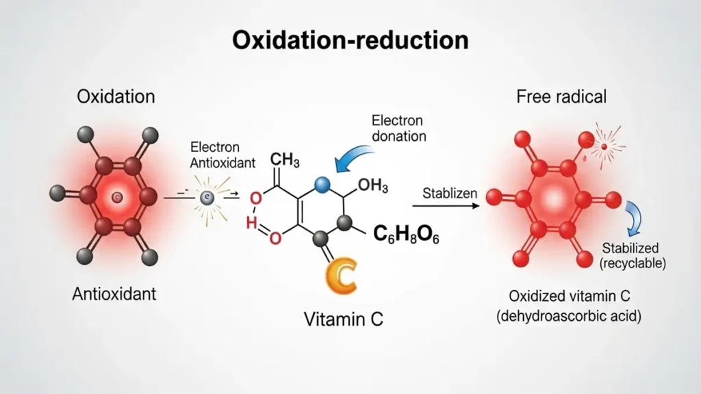 Infográfico da reação química da Vitamina C contra radicais livres.