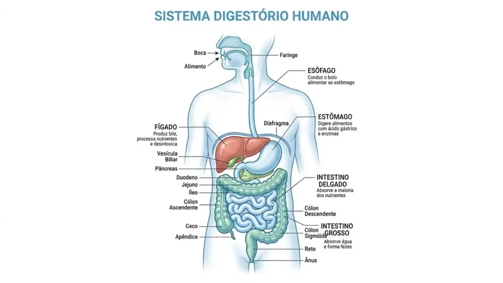 Doenças Digestivas: o Que o White Book 2 da UEG Revela Sobre Saúde e Custos 1 Ilustração do sistema digestivo humano mostrando órgãos afetados por doenças digestivas