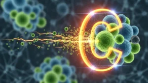 vitamina-c-Ilustração da Vitamina C como escudo antioxidante protegendo células de radicais livres.