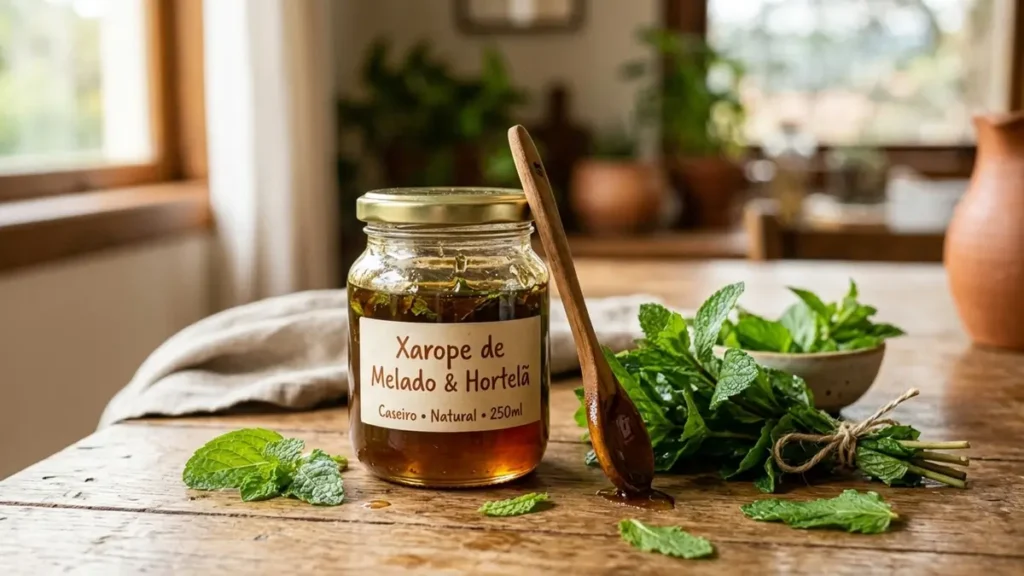 Xarope de Hortelã Caseiro: Receita, Benefícios e Como Usar 2 Xarope de hortelã com melado em pote de vidro