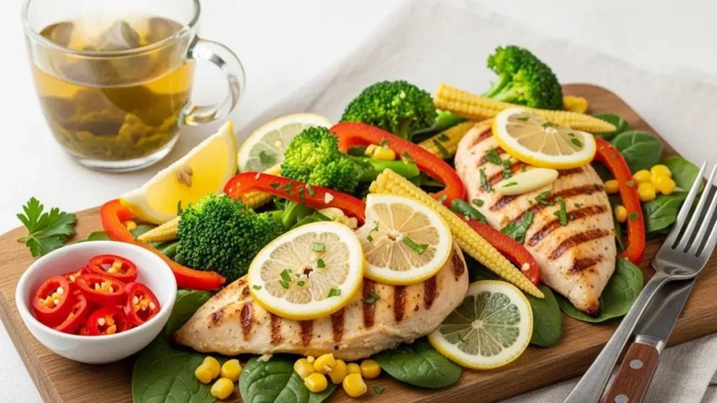 Dieta para Emagrecer Rápido e Saudável - Prato colorido com alimentos naturais, proteínas magras, vegetais e chá verde