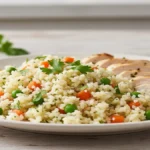 Arroz de Couve-flor - Prato de arroz de couve-flor com vegetais e frango grelhado, em um fundo de madeira.