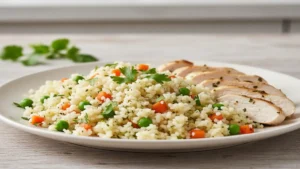 Arroz de Couve-flor - Prato de arroz de couve-flor com vegetais e frango grelhado, em um fundo de madeira.