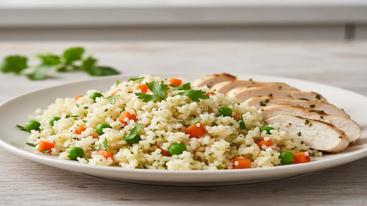Arroz de Couve-flor - Prato de arroz de couve-flor com vegetais e frango grelhado, em um fundo de madeira.