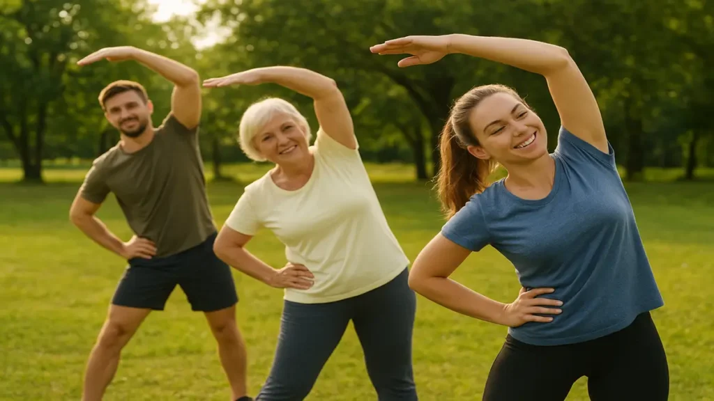 Exercícios para Alívio do Estresse e Ansiedade - Grupo de pessoas praticando alongamento leve em ambiente aberto, promovendo bem-estar e relaxamento.