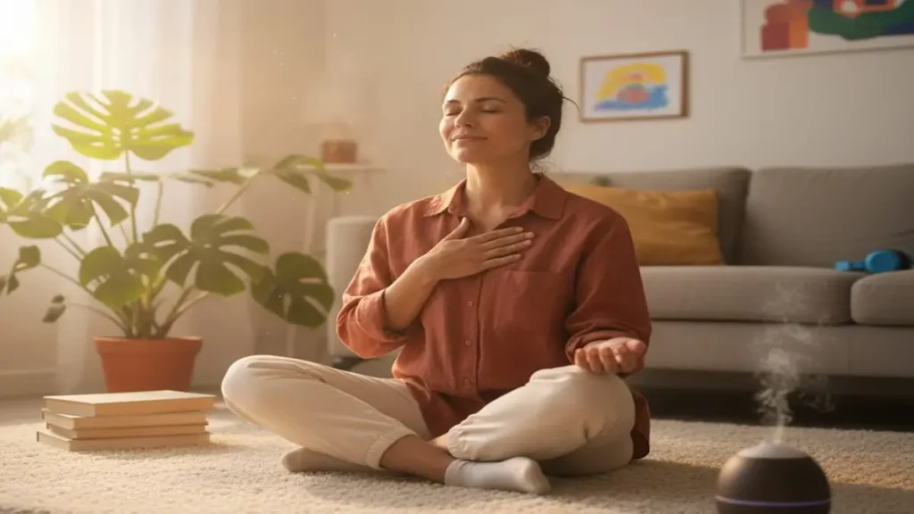 Autismo e Equilíbrio Familiar - Cuidador sentado em um ambiente calmo, com os olhos fechados e uma expressão de paz, praticando respiração ou meditação para autocuidado e equilíbrio emocional.