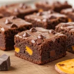 Brownie fit de batata-doce e chocolate em quadrados, com um pedaço de batata-doce ao lado.
