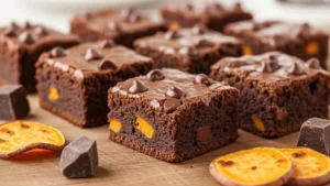 Brownie fit de batata-doce e chocolate em quadrados, com um pedaço de batata-doce ao lado.