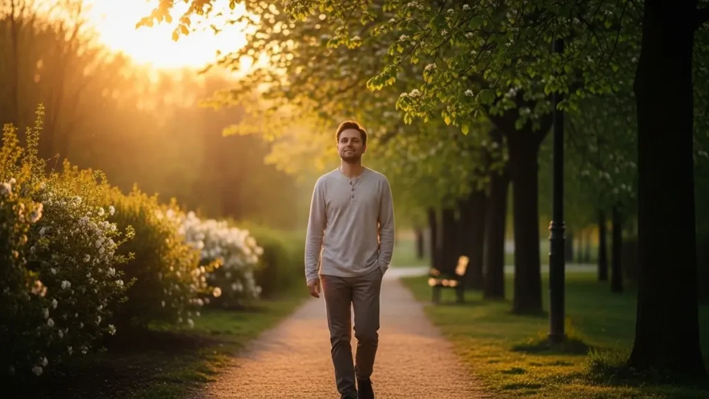 Mulher caminhando em um parque ao pôr do sol, representando bem-estar e serenidade.