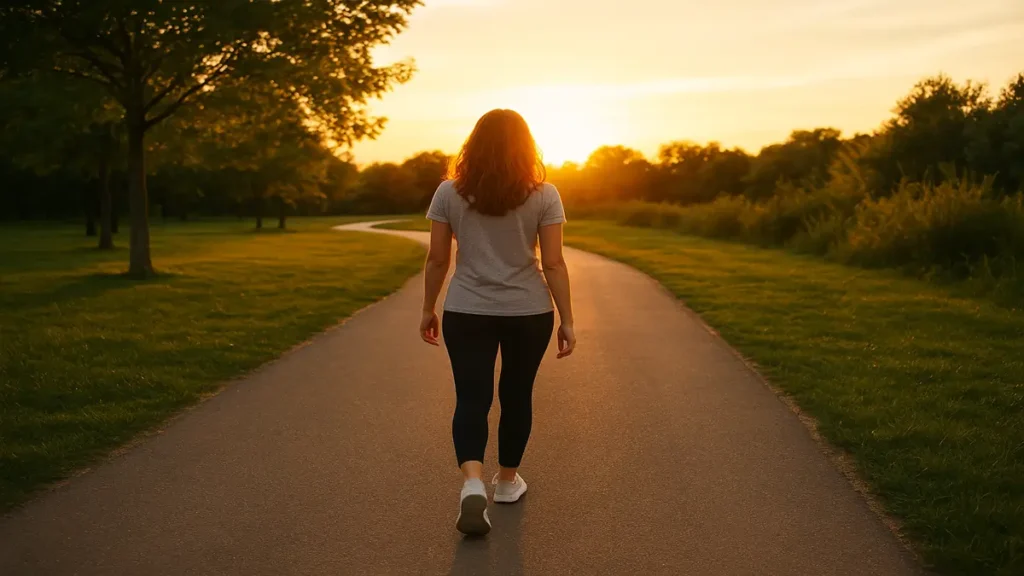 Pessoa caminhando sozinha em um parque ao pôr do sol, representando tranquilidade e superação do estresse.